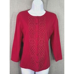 Jones New York Women's 3/4 Sleeve Knit Cardigan Size L Embroidered Front Red